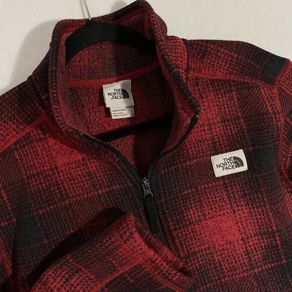 North Face Pullover Mens Medium Red Plaid Fleece Jacket Half Zip Warm FW19 - Picture 1 of 6